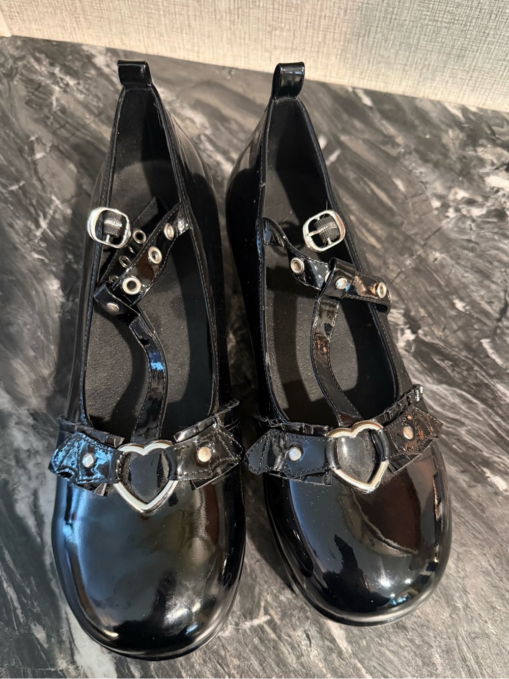 Black Patent Mary Jane Heels with Heart Accent - Picture 2 of 5